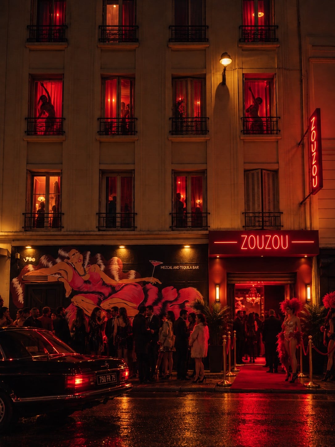 La façade du Zouzou Pigalle de nuit, enseignes rouges allumées